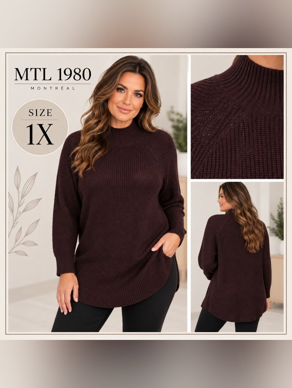 MTL 1980 Burgundy Mock Neck Knit Tunic Sweater Size 1X